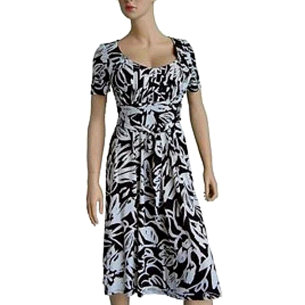 Danny & Nicole Modern Dress Floral Black White Midi Tropical Short Sleeve Sz 8